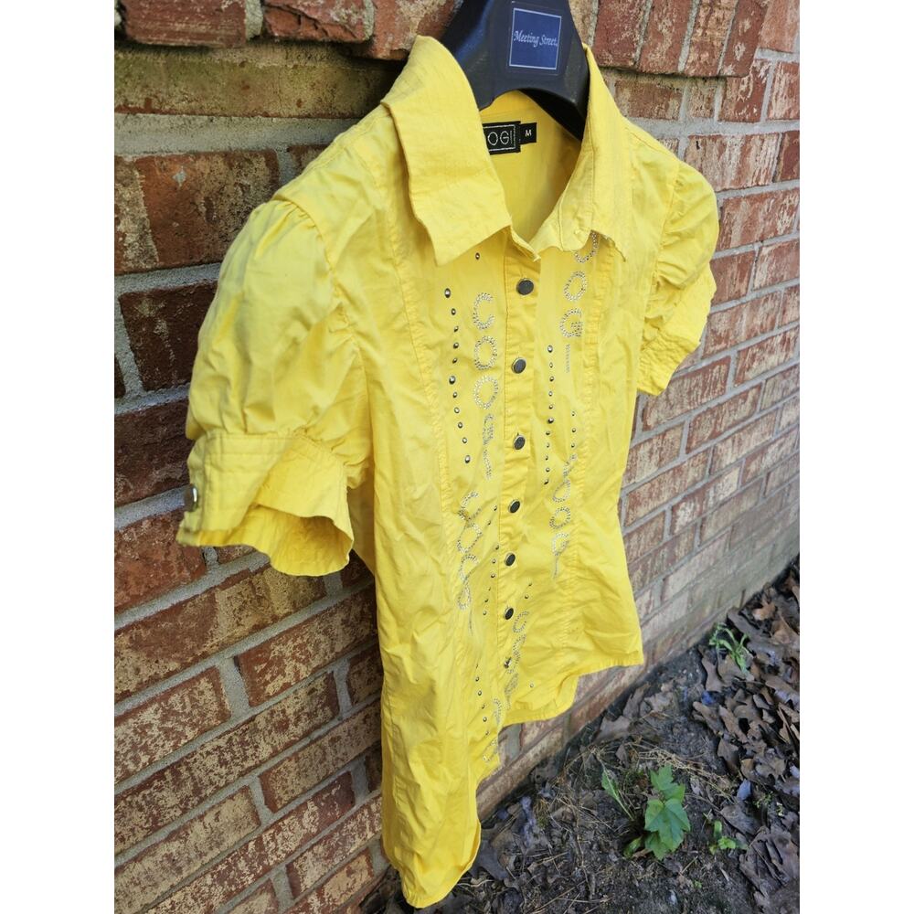 Vtg COOGI Rhinestone Grommet Short Sleeve Blouse Puff Cap Y2K Streetwear Top M